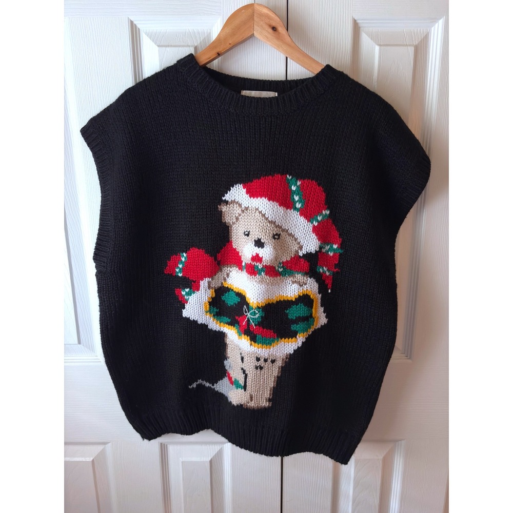 VTG 1990's Potomac Collection Black Teddy Bear Ugly Christmas Sweater Vest 2X